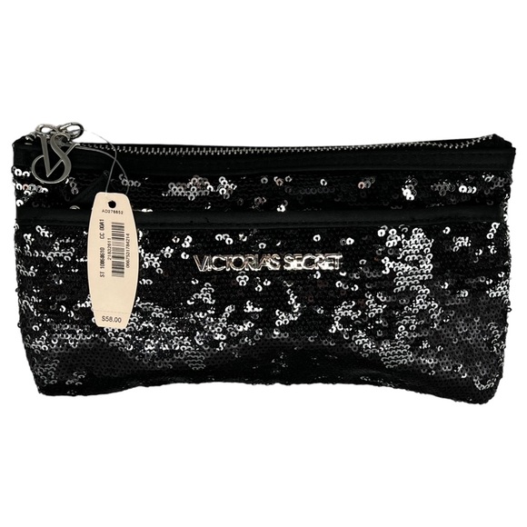 NWT Victoria's Secret Reversible Sequin Clutch Bag Black & Silver Zipper Closure - Picture 1 of 10